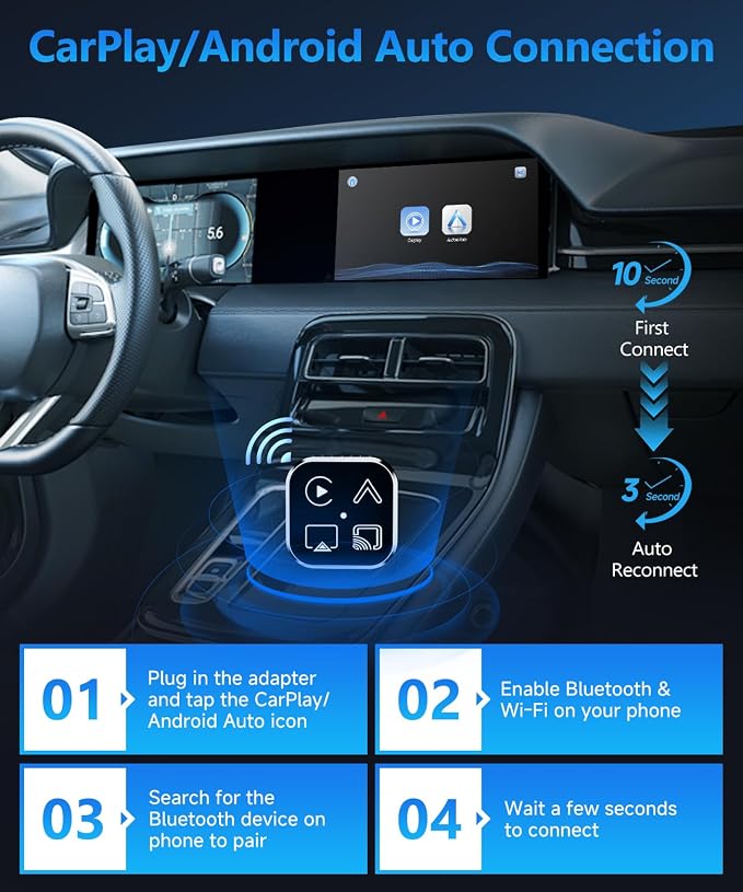 2026 4 in 1 Mini Wireless CarPlay Android Auto Adapter, Support AirPlay MirrorLink, Convert Wired to Wireless, Auto Connect for Daily Commute, Plug and Play Dongle (Silver)