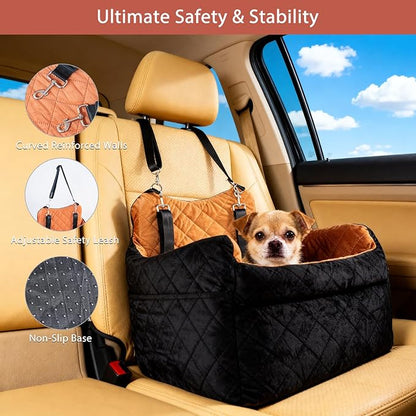 Elevated Dog Car Seat for Small Dogs – Luxurious Dutch Suede Leather Pet Booster with Adjustable Safety Leash, Non-Slip Base, Washable Cover, Cozy Travel Bed for Pets up to 30 lbs