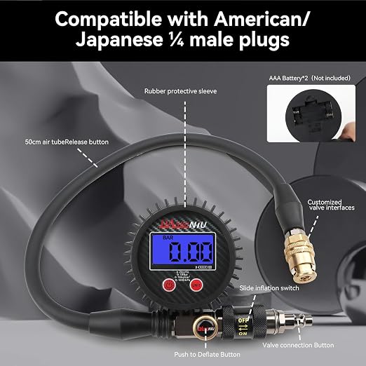 Digital Tire Inflator Gauge, 0-250 PSI, Heavy Duty Air Chuck with Quick Connect Coupler, Air Pressure Gun with Quick-Lock Air Chuck, Digital Tire Pressure Gauge with Inflator for Truck SUV