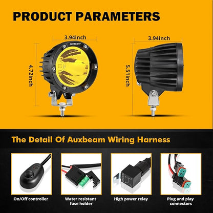 Auxbeam 4 Inch 72W Amber Fog Lights, 2PCS 7200LM LED Round Offroad Light Pods, Yellow Spot Beam Driving Off Road Work Light Bar with Wiring Harness Kit for Jeep Vehicle Pickup Trucks ATV UTV SUV