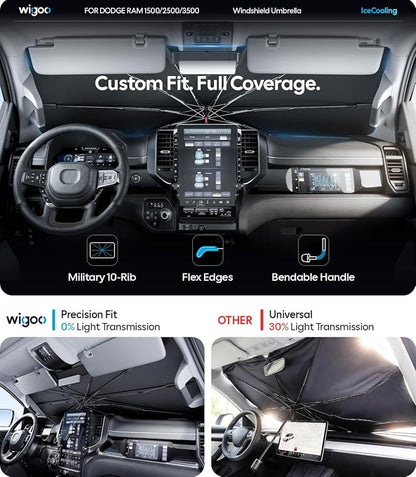 Wigoo Windshield Sun Shade Umbrella for Dodge RAM 1500/2500/3500 [100% Sun Blockage, Ice Cooling Fabric] Heat Insulation Front Window Sunshade Umbrella for Dodge RAM 1500/2500/3500 2019-2026