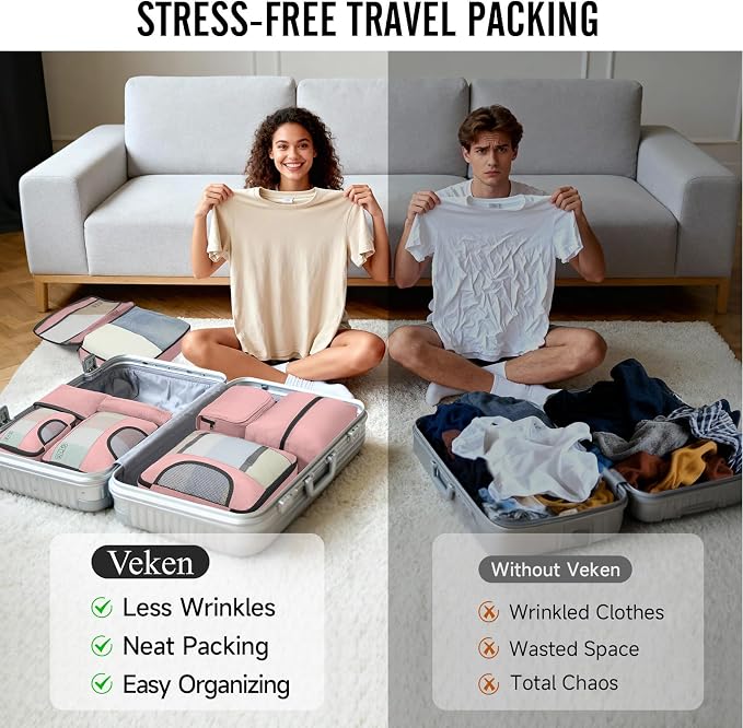 Veken 8 Set Packing Cubes for Travel Essentials,Anti-Wrinkle Buckled Suitcase Organizer for Shoe & Toiletry Bag,Carry On Luggage Bag with 99+ Count Mesh Holes for Airplane & College Dorm Accessories