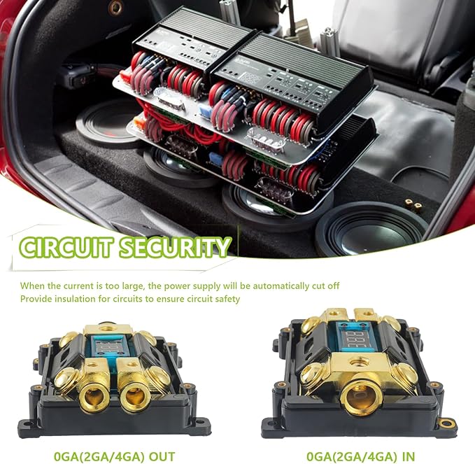 Car Audio Digital LED Voltage Display, ANL Fuse Holder Distribution Block 1 in 2 Out, with 2 Fuses and 2 Hexagon Wrench, Suitable for Car and Yacht Audio