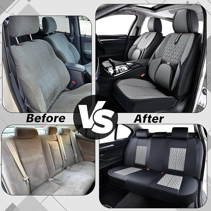Car Seat Cover Full Set, Universal Car Seat Cover for Cars, Black and Gray, with Lumbar Support, Premium Artificial Leather, Waterproof and Easy to Clean, Airbag Compatible