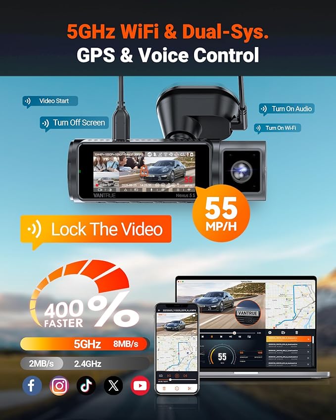 Vantrue N5S 4 Channel 360 Degree 2.7K Dash Cam, 4CH STARVIS 2 Night Vision, 2.7K+1080P*2+1440P Front Rear Inside Dashcam, 24/7 Buffered Parking Mode, WiFi, Voice Control, Dual GPS, Support 1TB Max