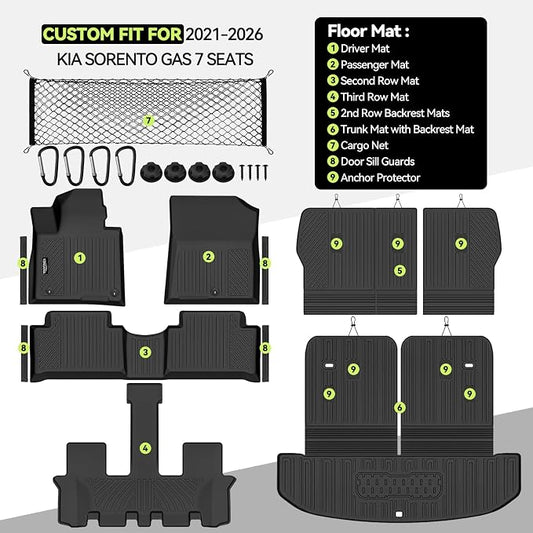 Tongama-Floor Mats for 2021-2026 Kia Sorento Gas 7 Seats/Bench Seat (Not for Hybrid), All Weather TPE Trunk Mat with Backrest Mat & 2nd Row Backrest Mats & Cargo Net & Door Sill Guards