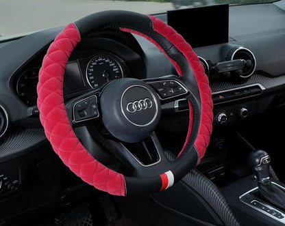 HAOKAY Luxury Fluffy Steering Wheel Cover for Women,Soft Warm Short Plush Steering Wheel Cover Red Fuzzy with Universal 14.5-15 Inch