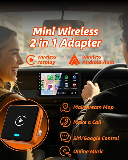 Wireless CarPlay Adapter 2026 Upgraded – No More Cables, Plug & Play Auto Connect, Bluetooth 5.3 Low Latency for Navigation & Music, 2-in-1 for Apple & Android, Wide Vehicle Compatibility USB & USB C