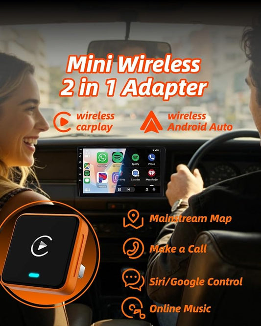 Wireless CarPlay Adapter 2026 Upgraded – No More Cables, Plug & Play Auto Connect, Bluetooth 5.3 Low Latency for Navigation & Music, 2-in-1 for Apple & Android, Wide Vehicle Compatibility USB & USB C