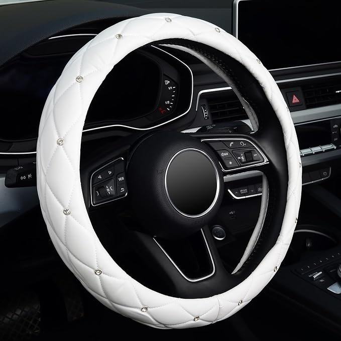 KAFEEK Diamond Soft Leather Steering Wheel Cover with Bling Bling Crystal Rhinestones, Universal 15 inch, Pure White