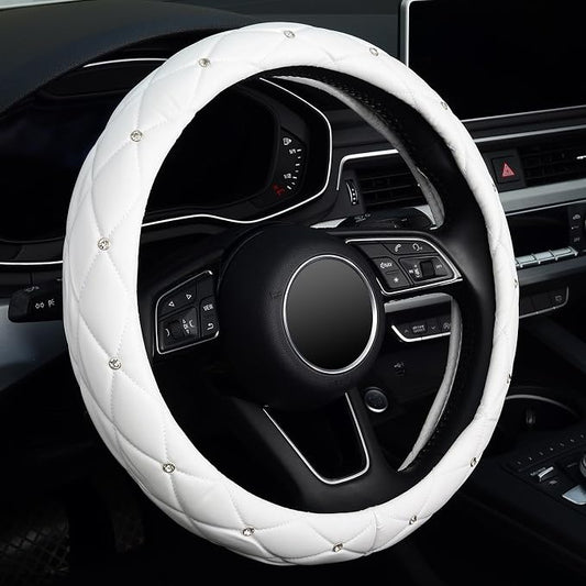 KAFEEK Diamond Soft Leather Steering Wheel Cover with Bling Bling Crystal Rhinestones, Universal 15 inch, Pure White