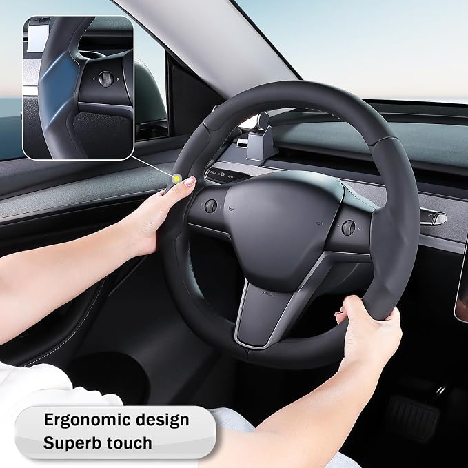 Steering Wheel Cover for 2017-2023 Tesla Model 3 2020-2024 Tesla Model Y, Leather Steering Wheel Cover for Tesla Model 3/Y Accessories, Black