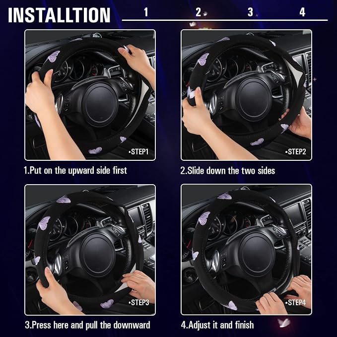 Car Pass Purple Embroidery Butterfly Steering Wheel Cover, Universal 15 Inch Car Wheel Cover for Women Girls, Fit for Suvs,Small Trucks,Sedans,Cars (Black and Purple)