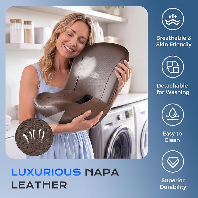 Coverado Car Seat Cushion and Lumbar Support Pillow One Piece, Napa Leather Memory Foam Ergonomic Back Support Driving Seat Cushion for Back Pain, Non-Slip Washable Cushion for Car, Driver, Office