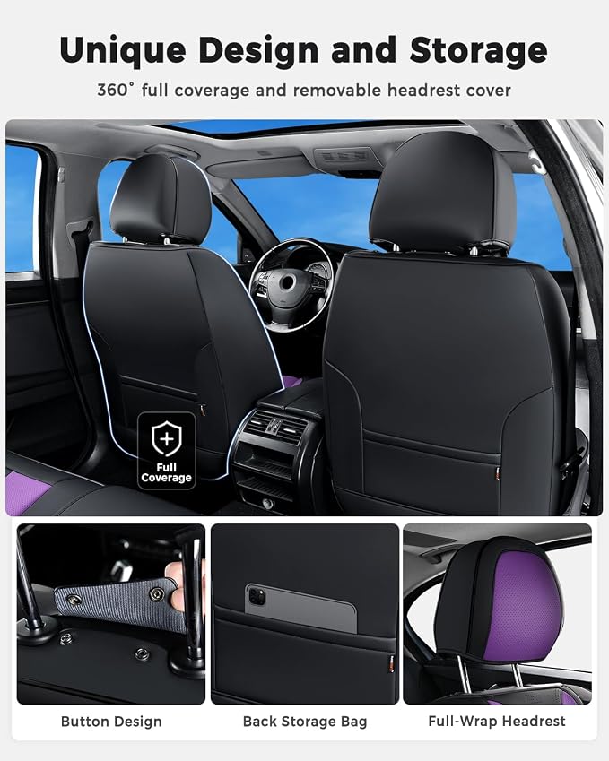 Huidasource Leather Seat Covers Luxury Nappa Leather, Seat Covers for Cars with Velcro Adjustable, Airbag Lumbar Support Cooling＆Heating, Seat Covers for SUV Fit for Most Cars SUV Trucks, Black＆Purple