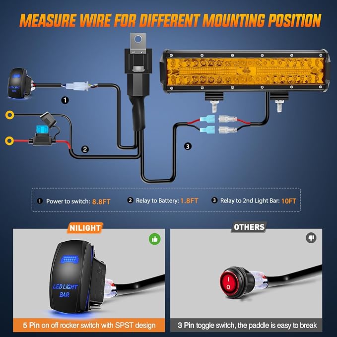 Nilight Led Light Bar 12 Inch Amber 300W Spot Flood Combo Waterproof Triple Rows Off Road Fog Light with 5Pin Rocker Switch Wiring Harness Kit-1 Lead