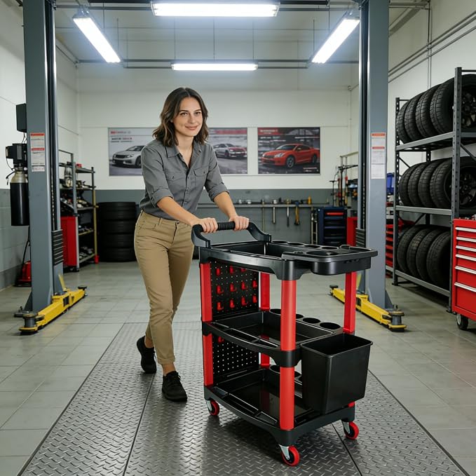 Auto Detailing Cart with Wheels, 3 Tier Rolling Detail Cart with Long Hanging Plate & Hooks & Hanging Bucket & Cat Ear Basket, for Detailers Garage, Workshop, Repair Shop, Storage Tool