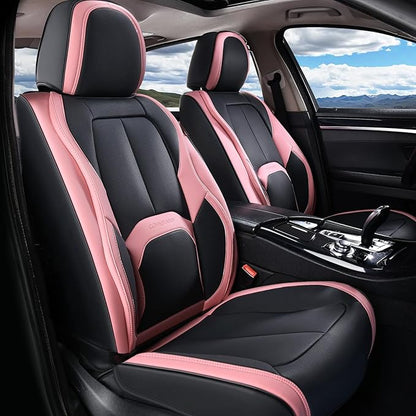 Coverado Seat Covers, Car Seat Covers Front Seats, Nappa Leather Seat Covers for Cars, Waterproof Car Seat Protector with Lumbar Support, Front Seat Covers Universal Fit for Most Cars (Black&Pink)