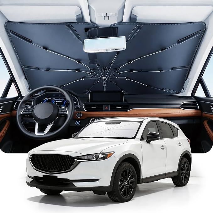 DMJN Umbrella Windshield Sun Shade for Mazda CX-5 (2013-2026), Car Sunshade for Front Windshield [Nano Ice-Crystal Coatings] UPF50+ Heat & UV Block, Protect Interior & Keep Cooler