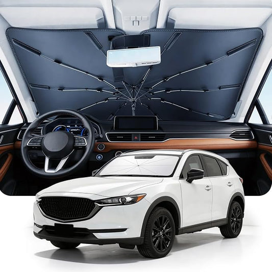 DMJN Umbrella Windshield Sun Shade for Mazda CX-5 (2013-2026), Car Sunshade for Front Windshield [Nano Ice-Crystal Coatings] UPF50+ Heat & UV Block, Protect Interior & Keep Cooler