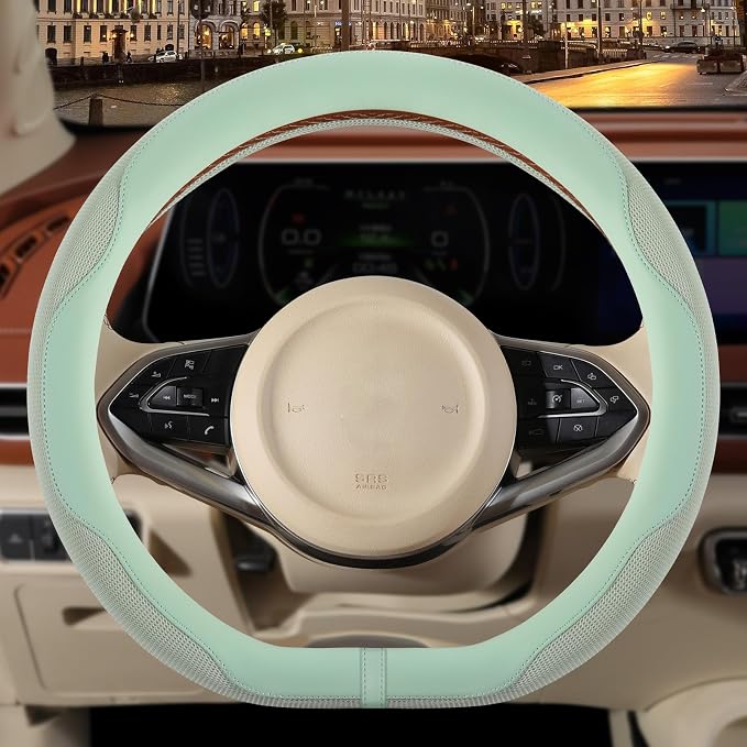 14 inch D Shaped Steering Wheel Cover for Prius Civic, Nappa Microfiber Leather Non-Slip Breathable Fabric, Warm in Winter and Cool in Summer, Green Small 13.5 inch to 14 inch