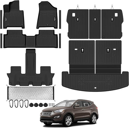 Tongama-Floor Mats for 2024-2026 Hyundai Santa Fe 6/7 Seats, All Weather TPE Trunk Mat with Backrest Mat & 2nd Row Backrest Mats & Cargo Net & Door Sill Guards for Santa Fe Floor Liner Accessories