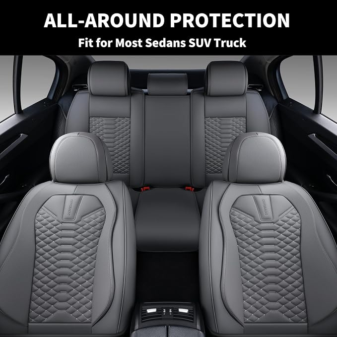 Coverado Car Seat Covers Full Set, Nappa Leather Seat Covers for Cars, 5 Seats Universal Waterproof Seat Covers, Front and Back Car Seat Protector, Automotive Seat Covers Fit for Most Cars, Gray