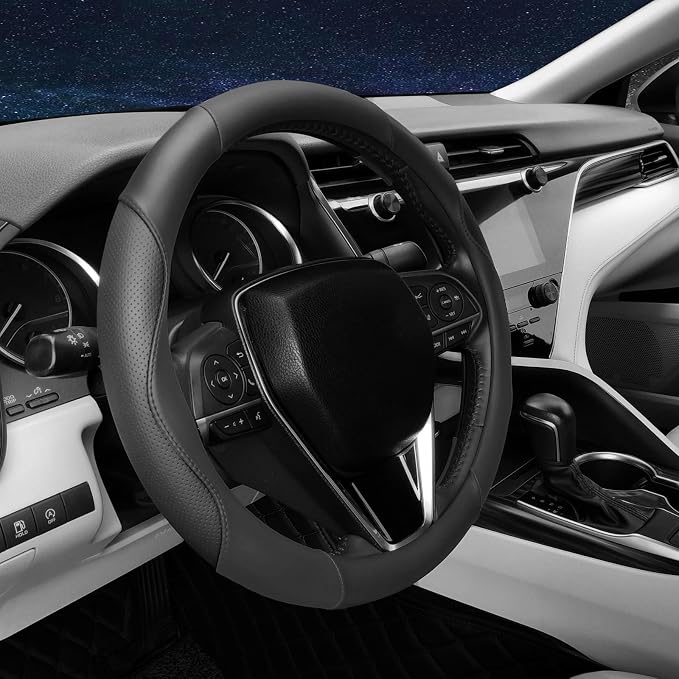 Steering Wheel Cover Universal Standard Size 14.5-15 inch, Non-Folding Packaging, Microfiber Leather, Anti-Slip, Soft Grip, Sporty Design, Fits for Cars SUVs Trucks, Black