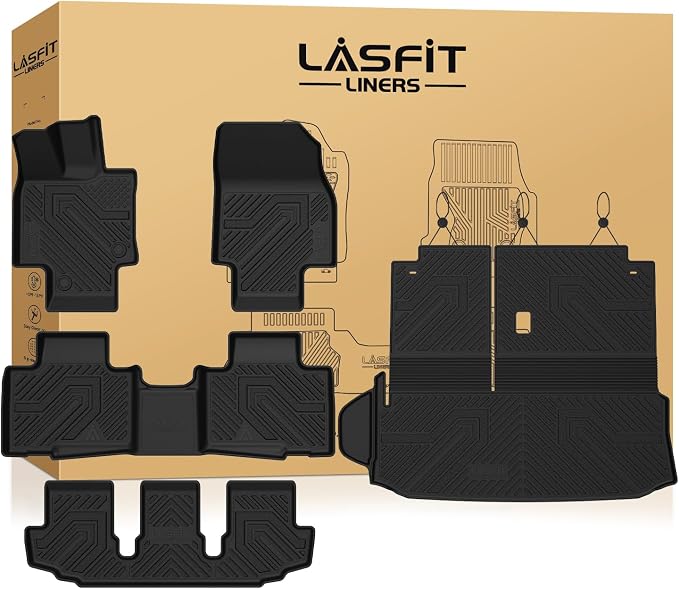LASFIT Floor Mats & Cargo Liner for 2020-2026 Toyota Highlander Gas Models, Not for Hybrid, Custom Fit All Weather TPE Floor Liners Full Set, 1st 2nd 3rd Row, Cargo Mat & Seat Back Mats, Black