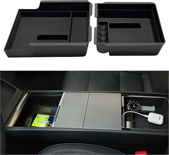 JVMA Expanded Center Console Organizer Tray & Armrest Organizer Upgrade | for Tesla Model Y YL Juniper 2026 2025 & Tesla Model 3 Highland 2026-2024 Accessories Smooth Slide Fitted Silicone US Patent