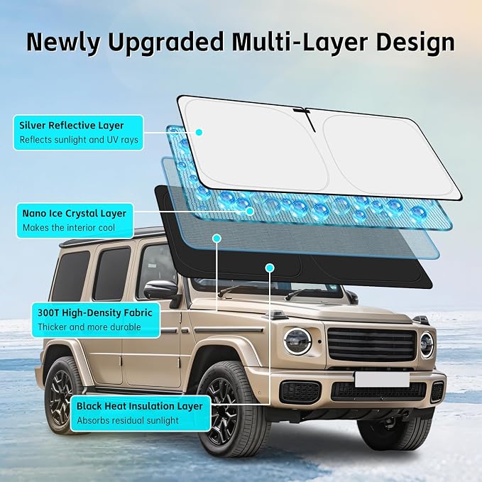 Windshield Sun Shade for Mercedes Benz G W463 G550 G55 G63 G65 1990-2026 Sunshade 300T Windshield Cover Sun Shield Blocks UV Rays Custom Fit G-Class Front Window Shade Foldable Keep Cool