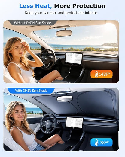 DMJN Front Windshield Sun Shade for Tesla New Model Y, Y & 3 (2017-2026), [Nano Ice-Crystal Coatings] UPF50+ Heat & UV Block, Protect Car Interior & Keep Cool, Flodable Steel-Ring Car Cover for Summer