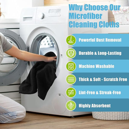 Nuenen Microfiber Cleaning Cloths for Cars 16 x 16 Inch Ultra Absorbent Car Towels Drying Reusable Cleaning Supplies House Kitchen Window Microfiber Towel(Black,60 Pcs)