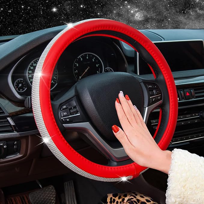 New Diamond Leather Steering Wheel Cover with Bling Bling Crystal Rhinestones, Universal Fit 15 Inch Car Wheel Protector for Women Girls Red
