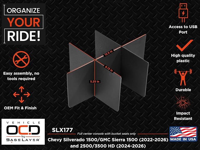 Vehicle OCD Center Console Organizer for Chevy Silverado 1500 / GMC Sierra 1500 (2022-2026) & 2500/3500 HD (2024-2026) (Full Console w/Bucket Seats ONLY) - Made in USA - SLX177