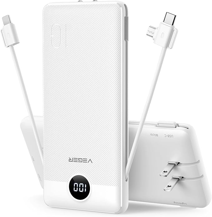 VEGER Portable Charger with Built-in AC Plug and Cables, All in One 10000mAh Ultra Slim Power Bank Travel Essentials, Fast Charging Battery Pack Compatible with iPhone, Samsung, Android, White
