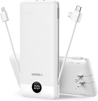 VEGER Portable Charger with Built-in AC Plug and Cables, All in One 10000mAh Ultra Slim Power Bank Travel Essentials, Fast Charging Battery Pack Compatible with iPhone, Samsung, Android, White
