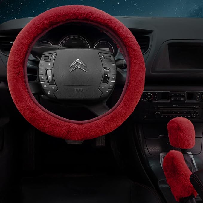 7PCS Set car Interior Aesthetic Accessories, Fluffy 15 inch Steering Wheel Cover, armrest pad, seat Belt Cover,Gear Shift Cover, Fit Girly car Accessories for Women.