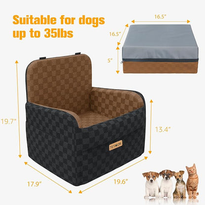 PETICON Waterproof Dog Car Seat for Small Medium Dogs, 5in Memory Foam Pet Booster Seat for Dogs up to 35 lbs with Pockets, Detachable Washable Pet Carseat with Y-Shape Safety Belt (Brown, Medium)