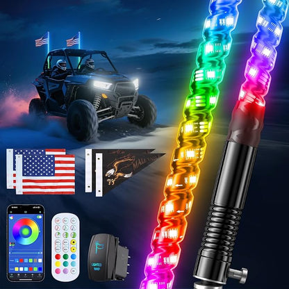 2 PCS 4FT Whip Lights with Spring Base, APP & Remote Control Led Whip Lights for Side by Side, Spiral RGB Chasing Lighted Whips with Rocker Switch, Music Led Whips for UTV ATV RZR SXS Can-Am