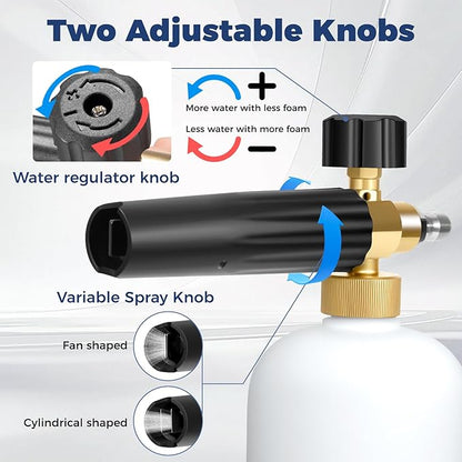 Foam Cannon for Pressure Washer, Industrial Car Wash Foam Sprayer with 1/4 Inch Quick Connector, Adjustable Soap Cannon with 5 Pressure Washer Nozzle Tips for Car Detailing, 1 Liter