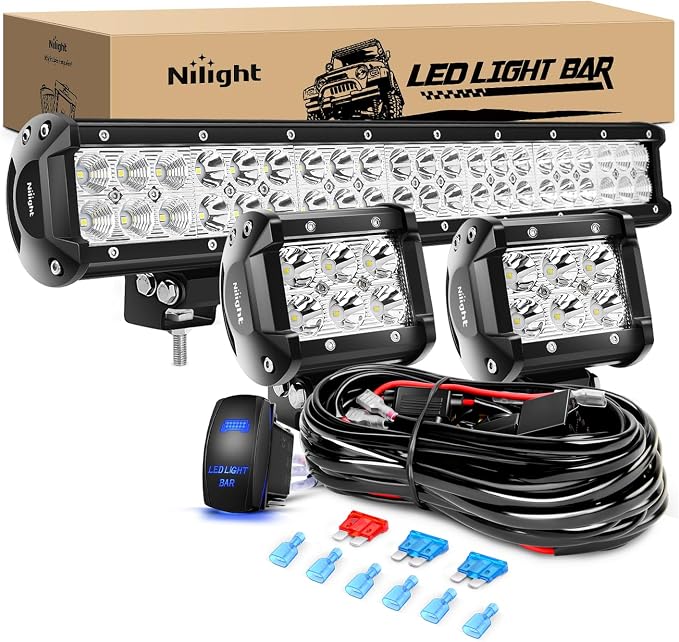 Nilight 20 Inch126W Led Light Bar Spot Flood Combo 2PCS 4 Inch 18W Led Pods Flood Boat Lights Driving Fog Lights Work Light for Trucks With 16AWG Off Road Wiring Harness- 3 Leads, 2 Years Warranty