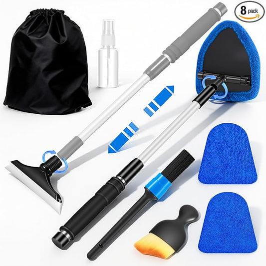 Windshield Cleaner Tool, Car Interior Cleaning Kit with Extendable Handle and 3 Reusable Microfiber Pads, Auto Glass Wiper and Detailing Brush Kit for Car & Home Window, Blue