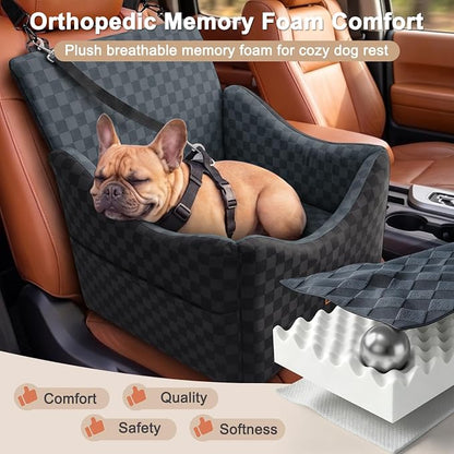 JOEJOY Elevated Dog Car Seat for Small/Medium Dogs up to 35 lbs, Memory Foam Booster Seat with Detachable Washable Cover, Travel-Safe Car Bed with Safety Belts & Storage Pockets, Dark Grey