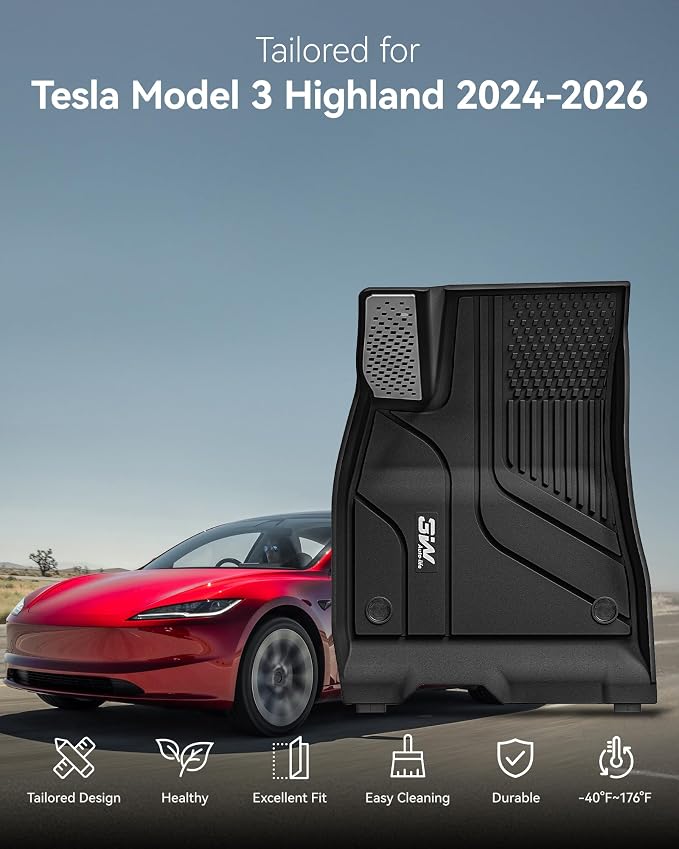 3W Tesla Model 3 Floor Mats 2026 2025 2024 with Metal Pedal, Full Set with Cargo Liner, Highland All Weather Custom Fit Rear Trunk Mat Accessories Black
