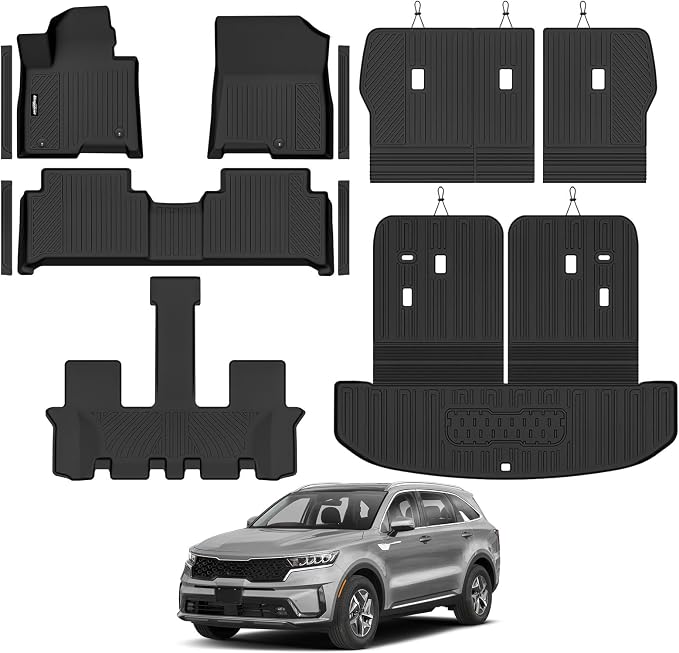 Floor Mats for 2021-2026 Kia Sorento Hybrid 7 Seats/Bench Seat (Not for Gas), Trunk Mat and Backrest Mats & Door Sill Guard All Weather TPE Protector for Kia Sorento Accessories