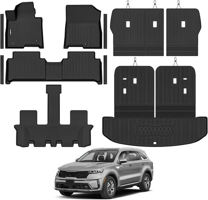 Floor Mats for 2021-2026 Kia Sorento Hybrid 7 Seats/Bench Seat (Not for Gas), Trunk Mat and Backrest Mats & Door Sill Guard All Weather TPE Protector for Kia Sorento Accessories
