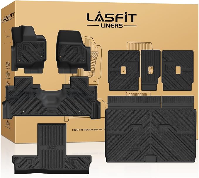 LASFIT Floor Mat&Cargo with Backrest Mat for 7 Seats 2025 2026 2027 Ford Expedition Max(Not for Standard),TPE All Weather TPE Custom Fit for SUV Car Liners, 1st&2nd&3rd&Cargo Liner, Black 5pcs