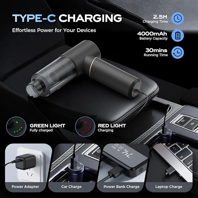 BSRCO Car Vacuum Portable Cordless – 30Min Runtime, 15KPa Suction Handheld Vacuum Cordless 4-in-1, 1.25Lbs Lightweight, 75dB Quiet, USB-C Fast Charging, Washable HEPA Filter for Car, Home & Pet Hair
