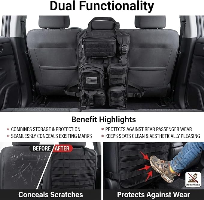 Car Seat Back Organizer,Multifunctional Hanging Molle Seat Back Organizer with Large Compartment,Universal Car Organizers Backs Seats Fit for Most Cars SUVs Trucks